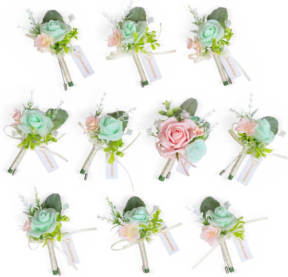TINGE TIME Men’s Wedding Boutonniere 10 Pack Mint Green & Pink